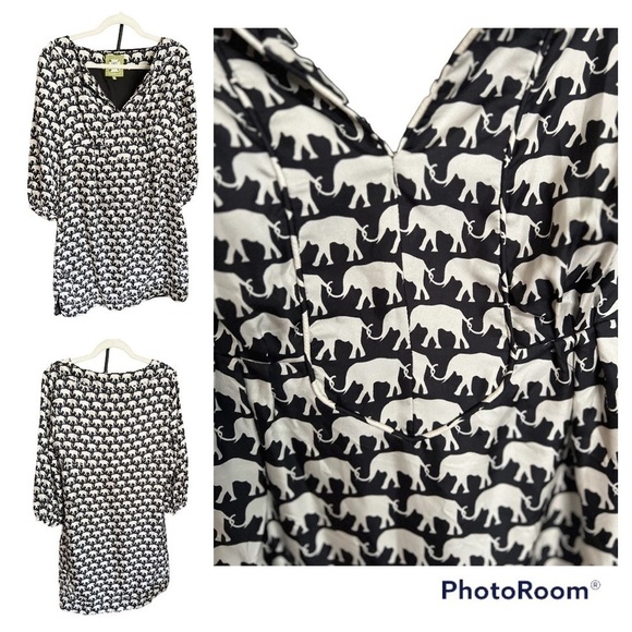 Elizabeth McKay SILK MARILOU DRESS black with white elephants size 8 tunic EUC - Picture 6 of 11